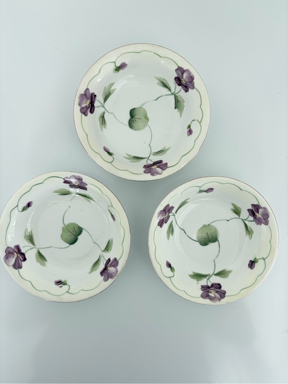 Hand-Painted Floral Ceramic Bowls in Purple and Green - Set of 3